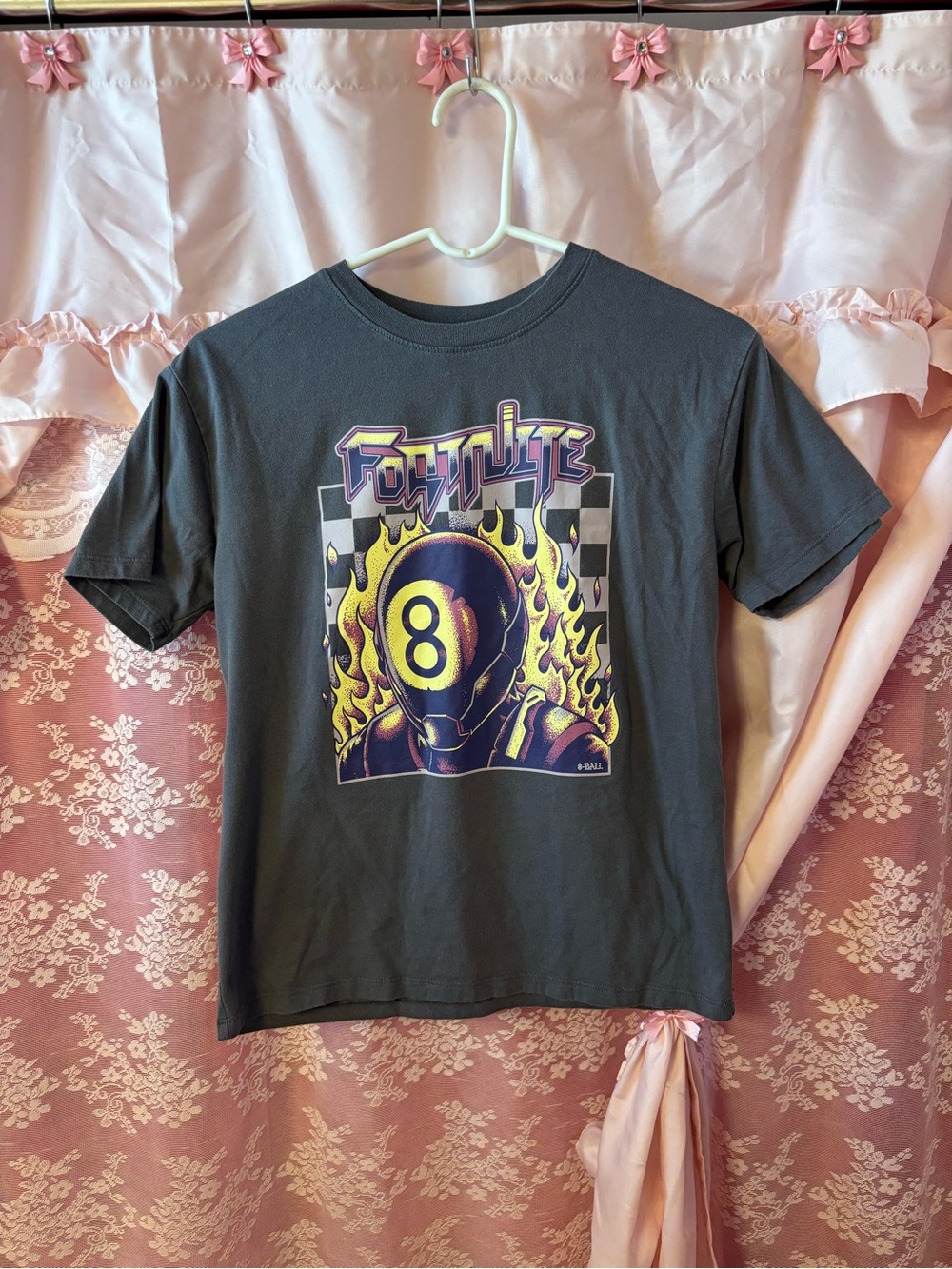 Graphic Short Sleeve Tee with Flaming 8-Ball Design - Charcoal